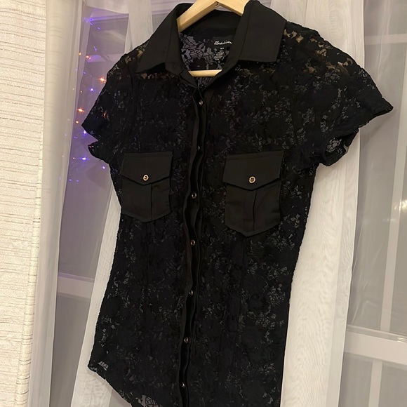 Seduction black lace button down shirt. Sz M - Picture 2 of 4